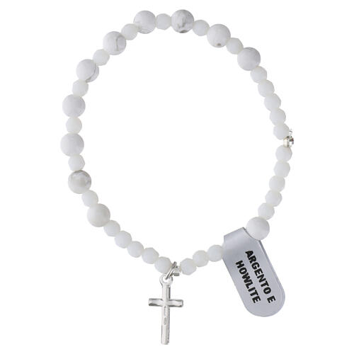 925 Silver Elastic Cross Charm Bracelet with 6 mm White Howlite Beads 3
