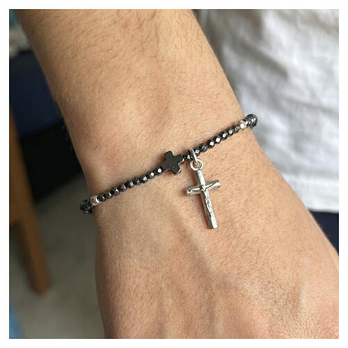 Bracelet élastique hématite noire croix pendentif argent 925 2