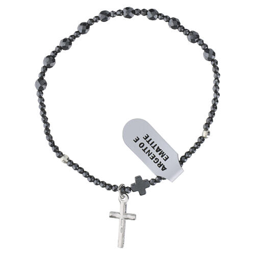 Elastic decade rosary bracelet 2 mm black hematite with 925 silver cross pendant 3
