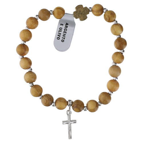 Pulseira elástica cruz berloque prata 925 contas de madeira de oliveira 8 mm 3