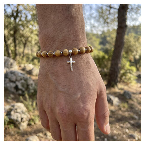 Elastic bracelet with 925 silver cross pendant and 8 mm olive wood beads 2