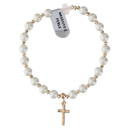 Pulsera elástica plata 925 granos perlas 6 mm cruz colgante 3