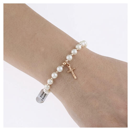 Bracciale elastico argento 925 grani perle 6 mm croce pendente 2