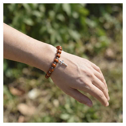 Elastic bracelet with 0.31-inch wooden beads and 925 silver cross pendant 2