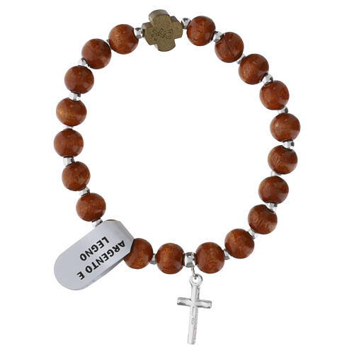 Bracciale elastico grani in legno da 8 mm croce pendente argento 925 3
