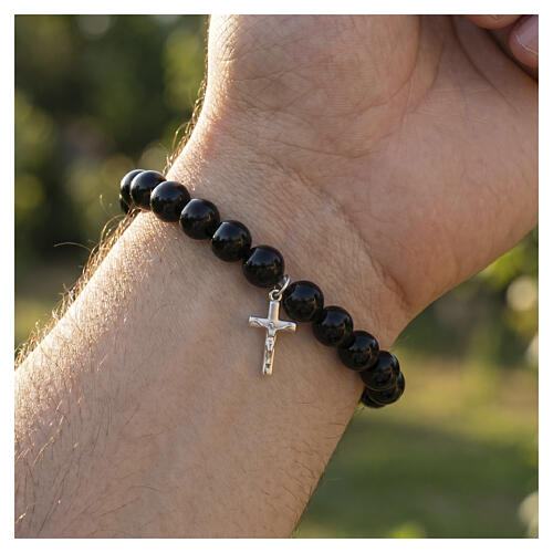 Pulseira elástica prata 925 contas em madeira preta 8 mm 2