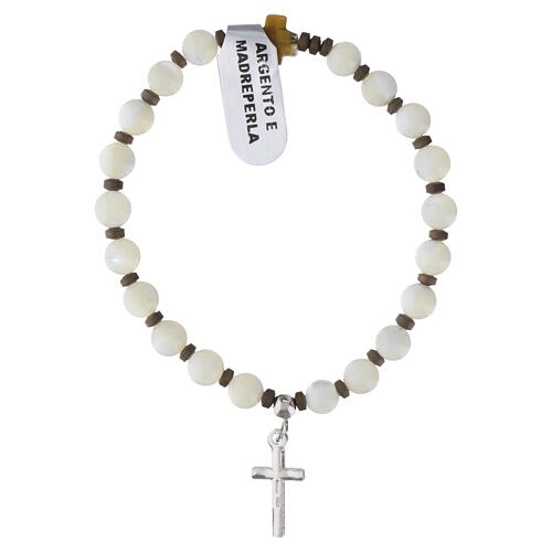 Pulsera elástica cruz plata 925 granos nácar 6 mm 3