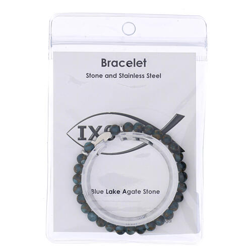 Bracciale elastico con medaglietta pesce in agata lago blu 6 mm argento 3