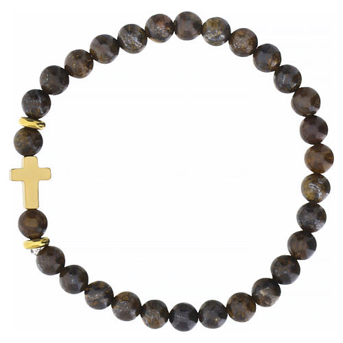 Bracciale elastico con croce in bronzite 6 mm oro 4