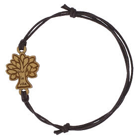 Armband mit Anhänger mit floralem Motiv aus Olivenholz und braunem Kordelband, Klarissen-Kloster