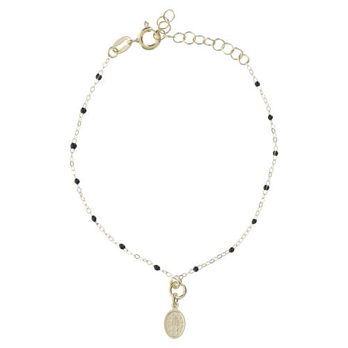 Bracelet of 925 silver with gold finish, Our Lady of the Miraculous Medal, black enamel beads by Valenti 2