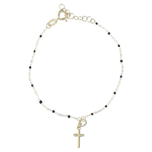 Pulseira 20 cm prata 925 acabamento dourado cruz e contas pretas Valenti 2