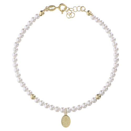 Bracelet in 925 silver with gold finish, Miraculous Medal and white synthetic pearls byValenti 2