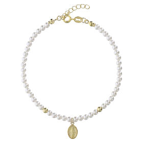 Pulseira prata 925 acabamento dourado Nossa Senhora das Graças pérolas sintéticas brancas Valenti