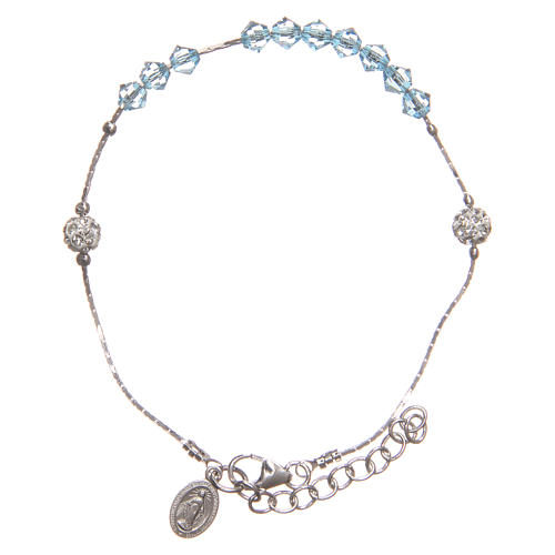 Rosary bracelet in sterling silver and strass, light and blue grains 1