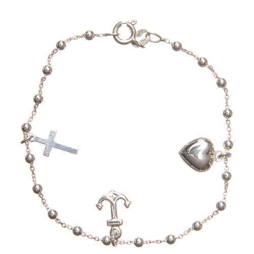 Rosary bracelet in sterling silver 3mm grains with cross, heart, anchor 1
