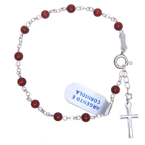 Bracelet rosary beads in 925 silver and carnelian 4mm with cross 2