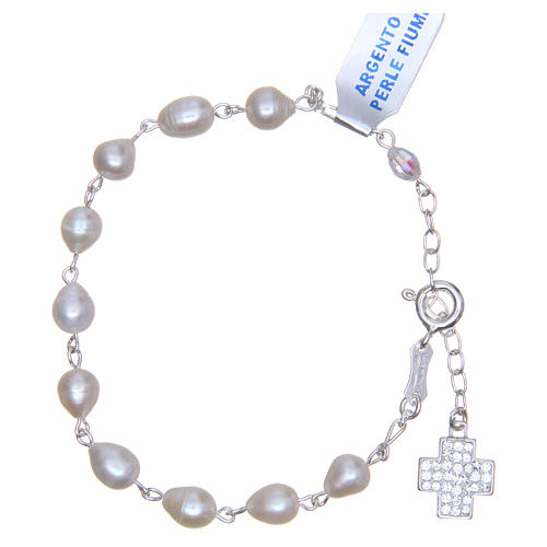Bracelet rosary beads in 925 silver and river pearls with crystal cross 6mm 2