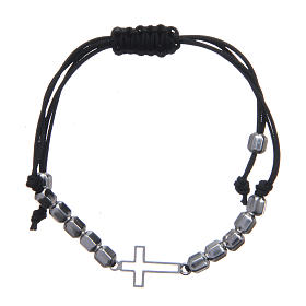 Single decade bracelet in cord with cross and pearls, sterling silver