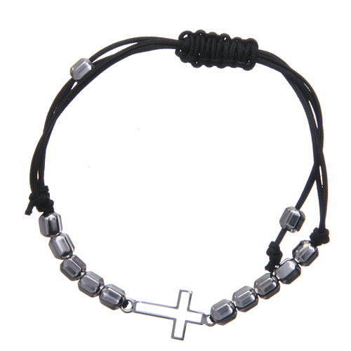 Single decade bracelet in cord with cross and pearls, sterling silver 2