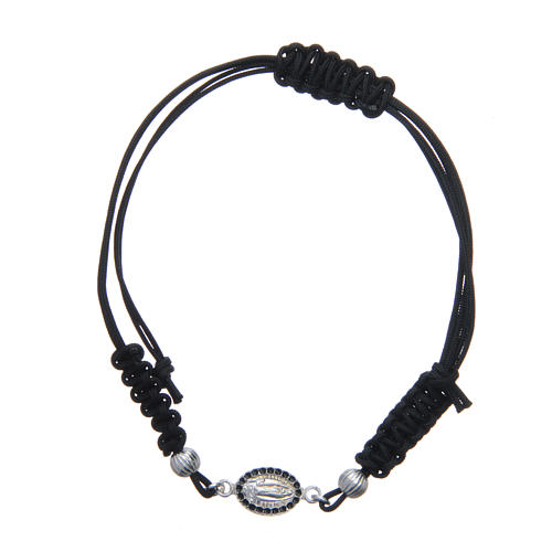Bracelet with Our Lady of Lourdes medal in 925 silver, black cord 1