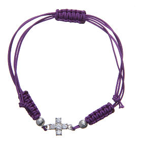 Bracelet with cross in 800 silver and rhinestones on purple cord