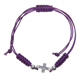 Bracelet with cross in 800 silver and rhinestones on purple cord