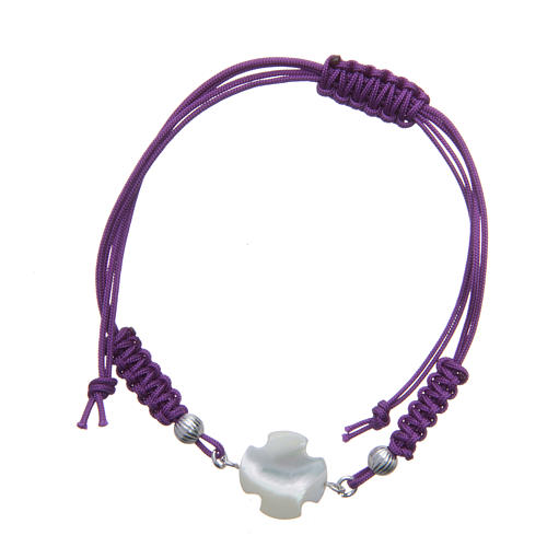 Bracelet with cross in mother of pearl and 800 silver on purple cord 1