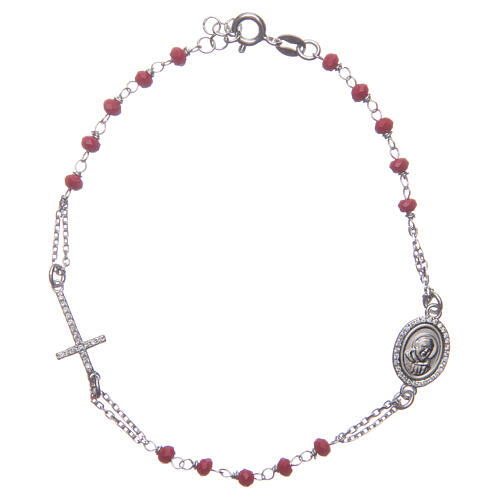 Armband Rosenkranz Pater Pio aus 925er Silber mit weißen Zirkoniasteinen, rot 1