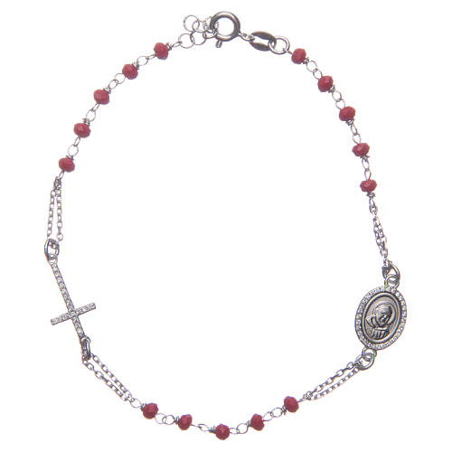 Rosary bracelet with Padre Pio in 925 sterling silver red with white zircons 1