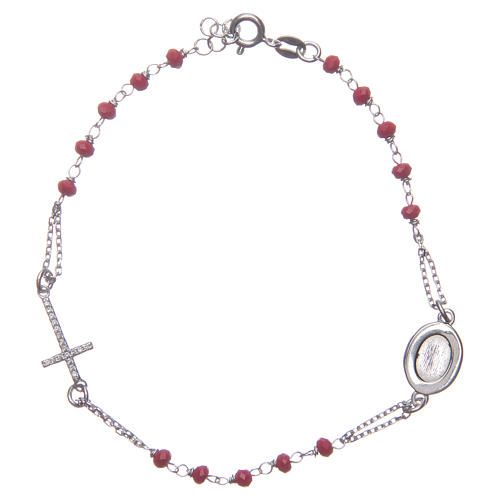 Rosary bracelet with Padre Pio in 925 sterling silver red with white zircons 2