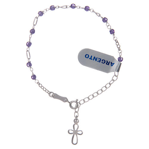 Silver bracelet with cross charm and purple zircons beads 1