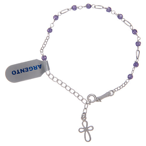 Silver bracelet with cross charm and purple zircons beads 2