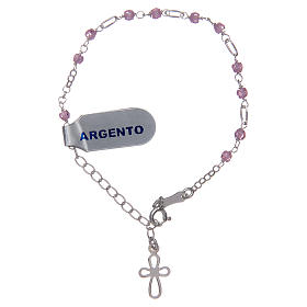 Silver bracelet with cross charm and pink zircons beads