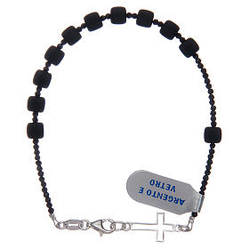 Rosary bracelet black satin glass beads with silver cross