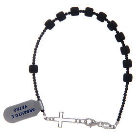 Rosary bracelet black satin glass beads with silver cross