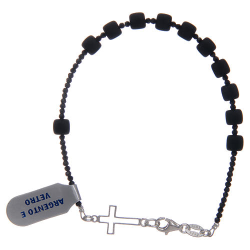 Pulseira terço vidro acetinado prata 925 preto 2