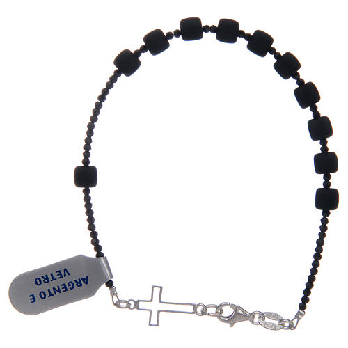 Rosary bracelet black satin glass beads with silver cross 2
