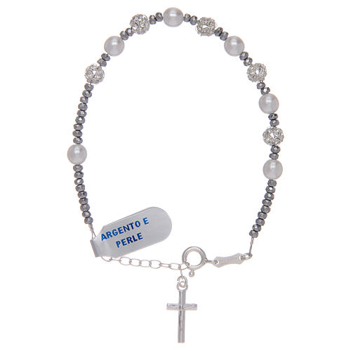Dozen rosary bracelet in 800 sterling silver with strass ball and white pearls. 1
