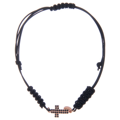 Bracelet corde avec croix rosée 1,3x1 cm avec zircons noirs argent 925 1