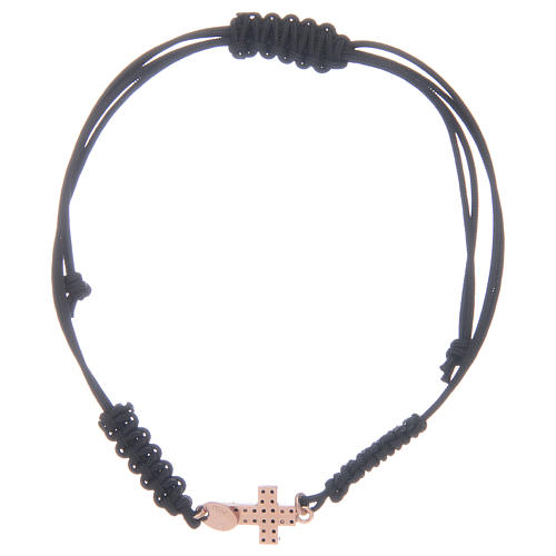 Bracelet with cord, rosè cross 1,3x1 cm with black zircons in 925 sterling silver 2