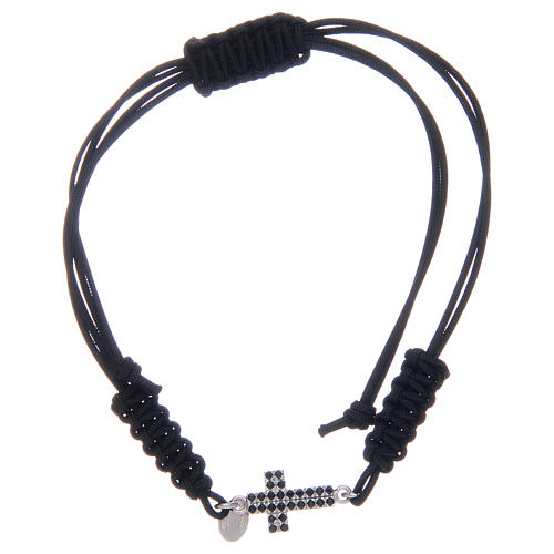 Bracelet corde avec croix argent 925 zircons noirs 1