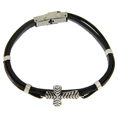 Bracelet in steel and leather with applications and manufactured cross 1