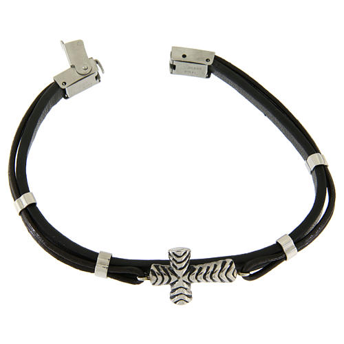 Bracelet in steel and leather with applications and manufactured cross 3
