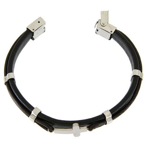 Bracelet in steel and leather with applications and smooth cross 3