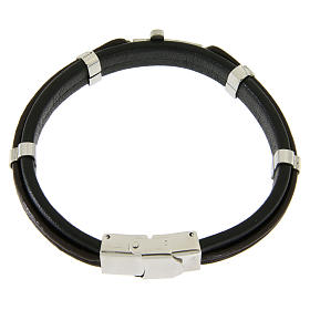 Bracelet in steel and leather with applications and smooth cross
