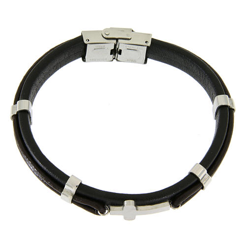 Bracelet in steel and leather with applications and smooth cross 1