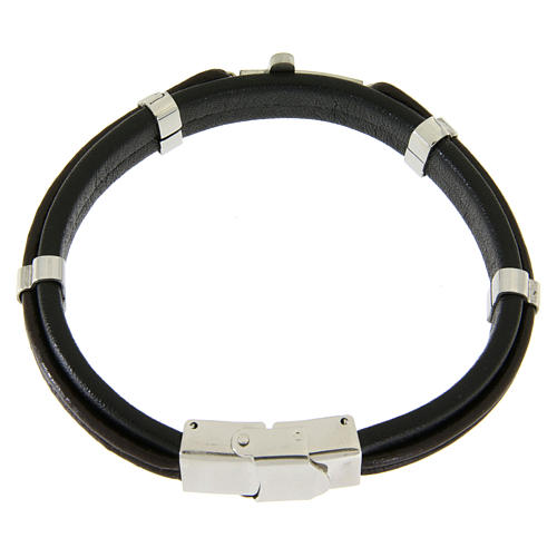 Bracelet in steel and leather with applications and smooth cross 2