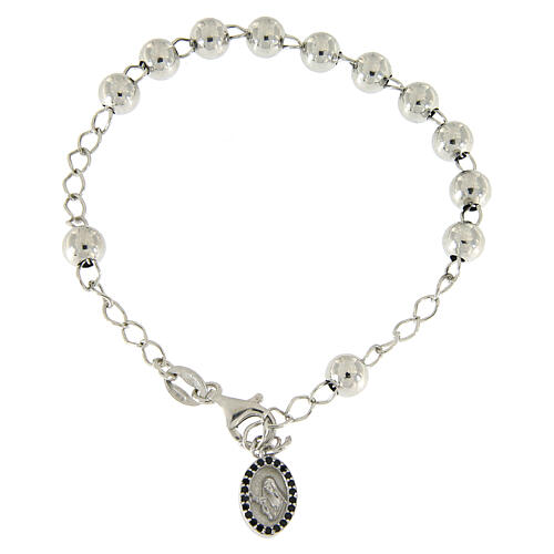 Religious bracelet in 925 sterling silver with a 6 mm ball, Saint Rita image and black zircons 1