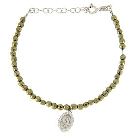 Pulseiras de Prata: Pulseira religiosa contas hematita 3 mm e medalha zircões brancos